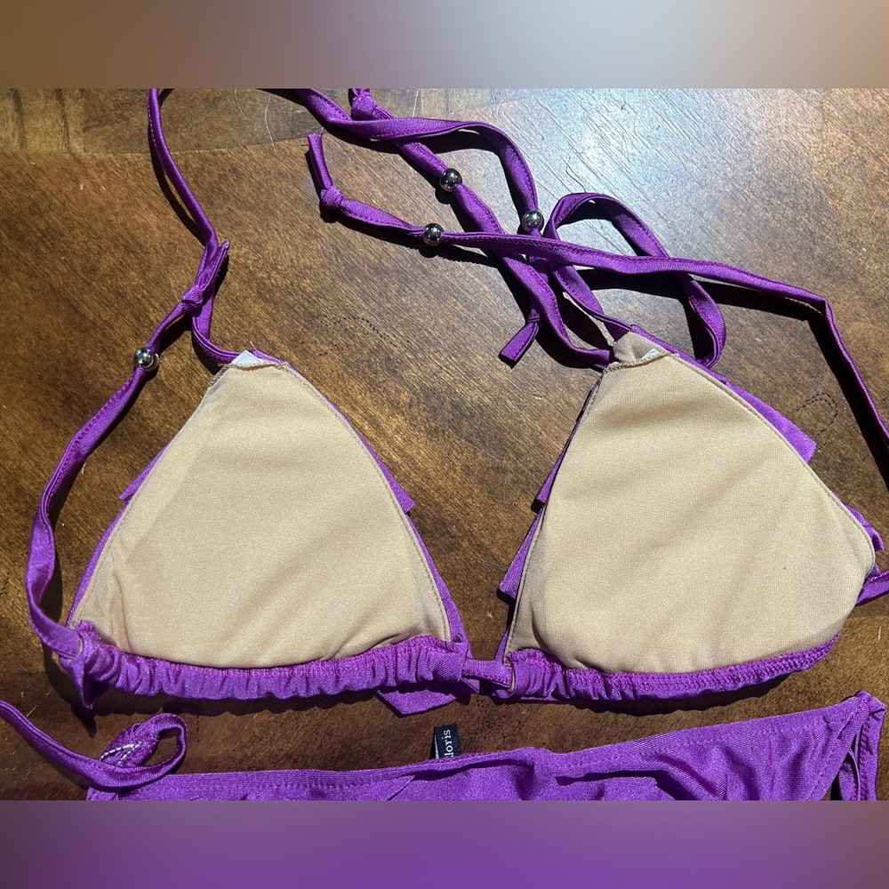 NWOT Sexy Skimpy Cloris Murphy Ruffle Tri-Top Tie Side Bottom Bling Bikini - Picture 7 of 8